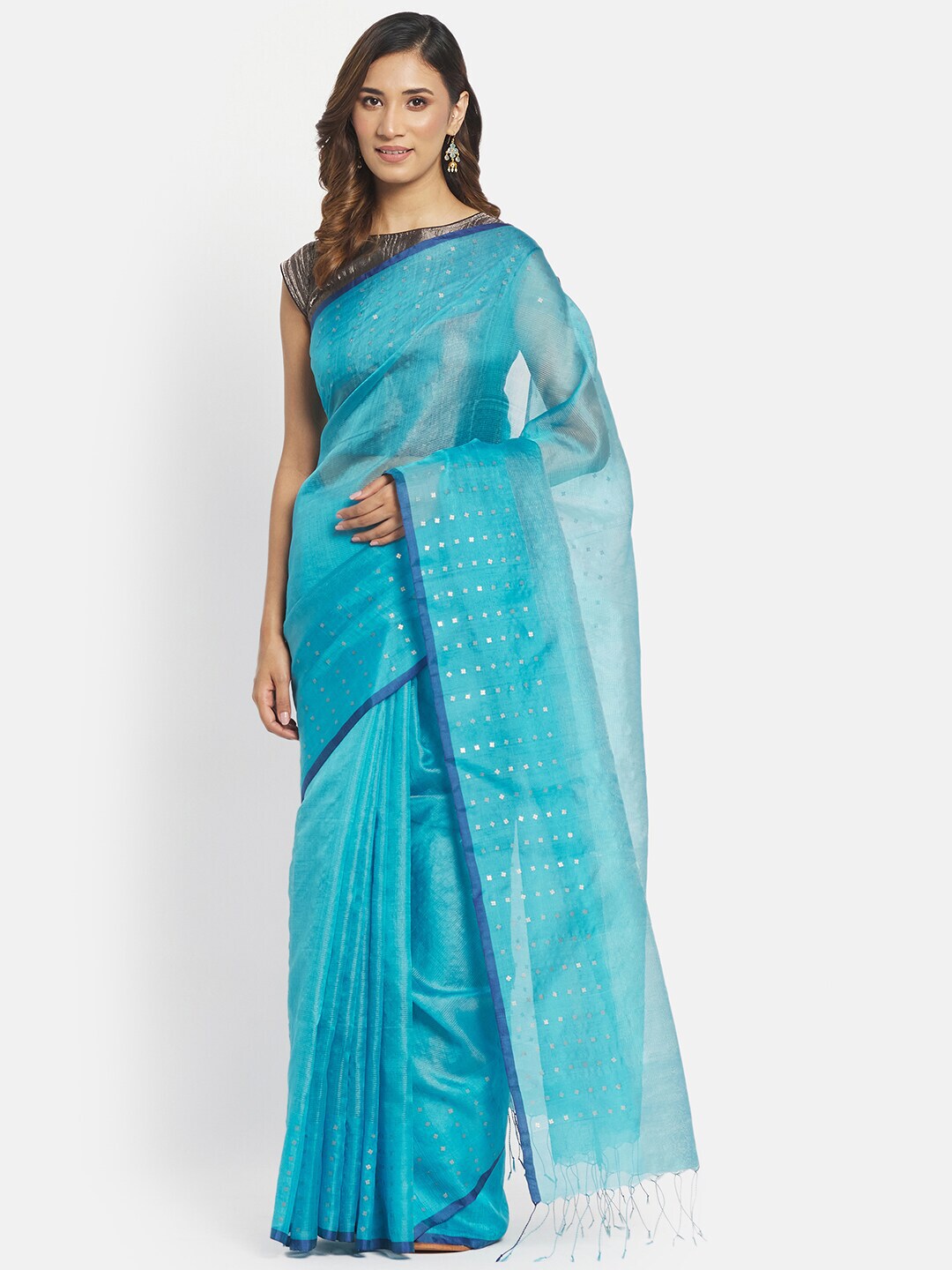 Fabindia Blue Solid Pure Silk Saree Price in India