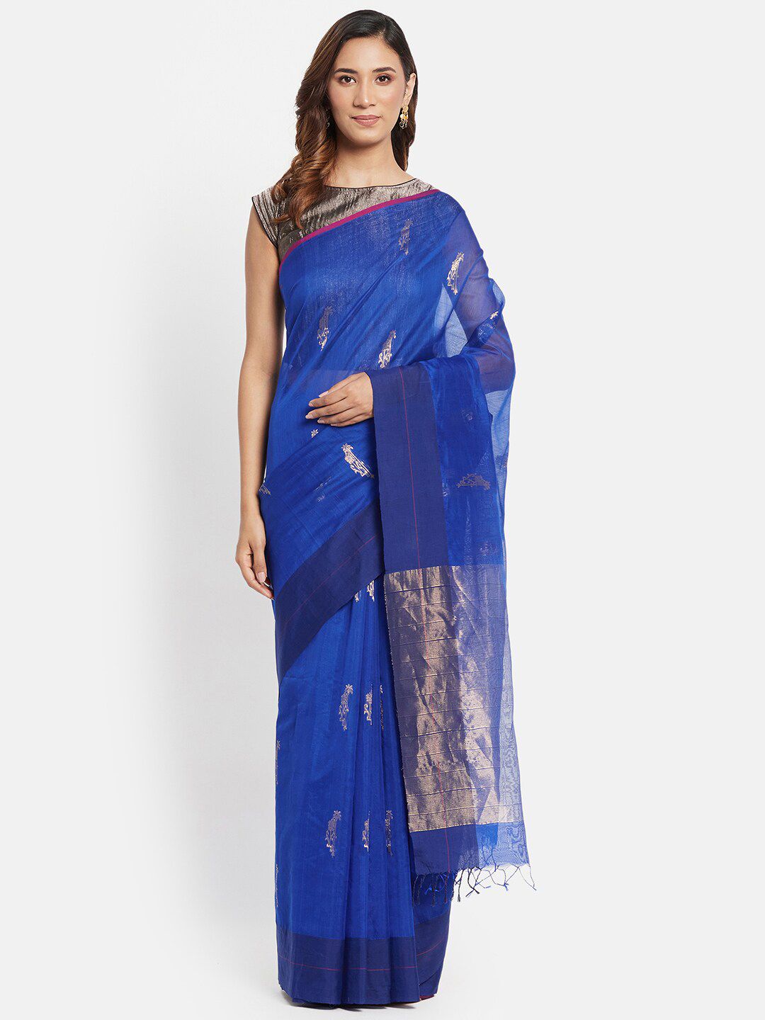 Fabindia Blue & Gold-Toned Floral Zari Silk Cotton Chanderi Saree Price in India