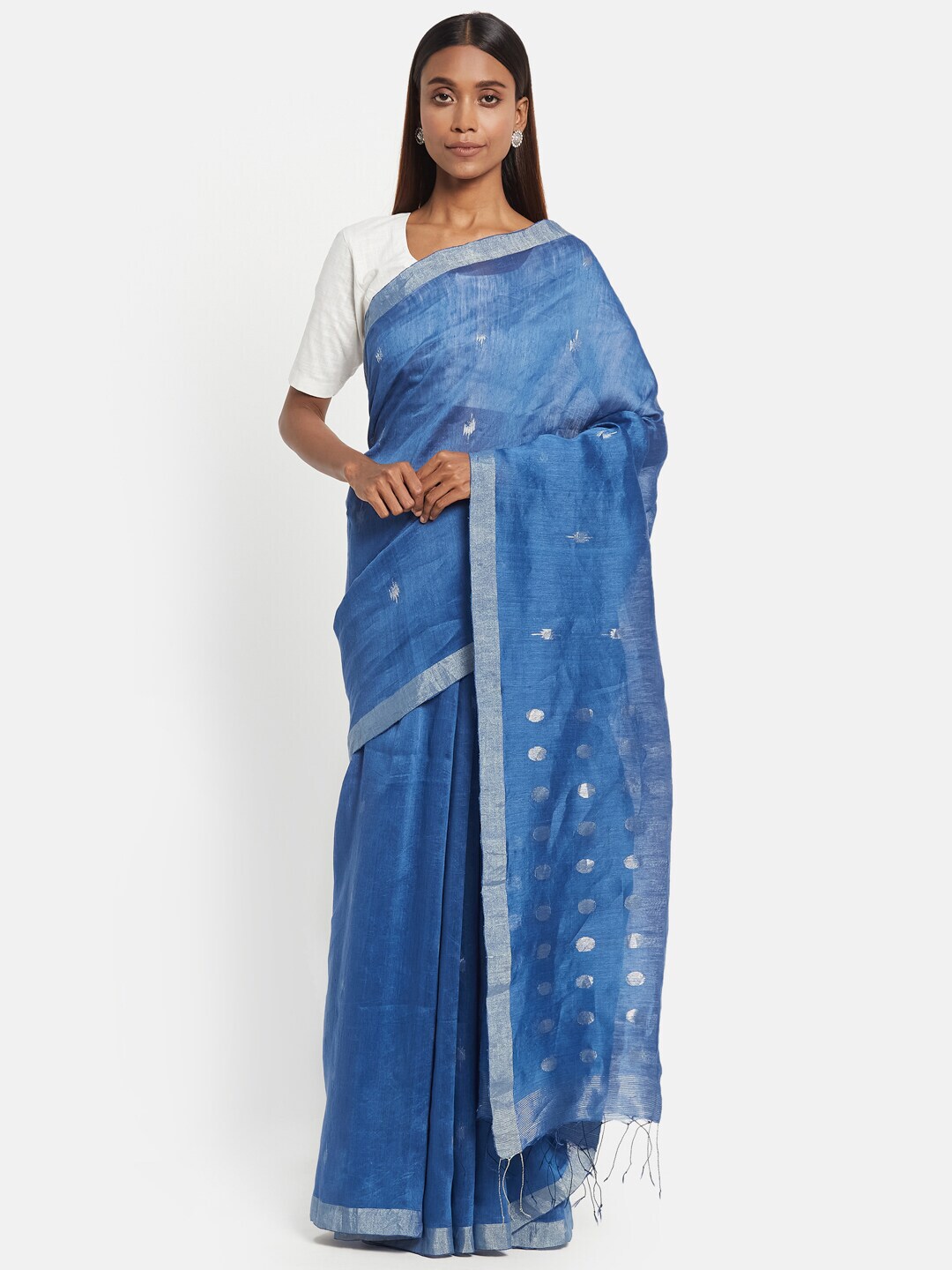 Fabindia Blue & Silver-Toned Zari Linen Blend Jamdani Saree Price in India