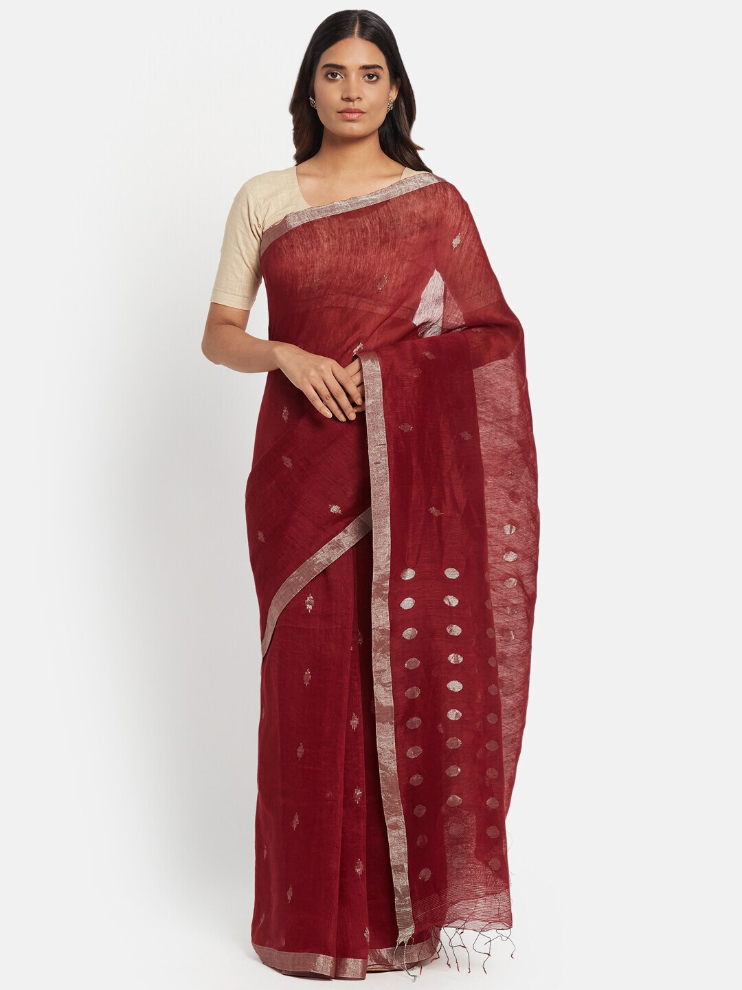 Fabindia Maroon Woven Design Linen Blend Jamdani Saree Price in India