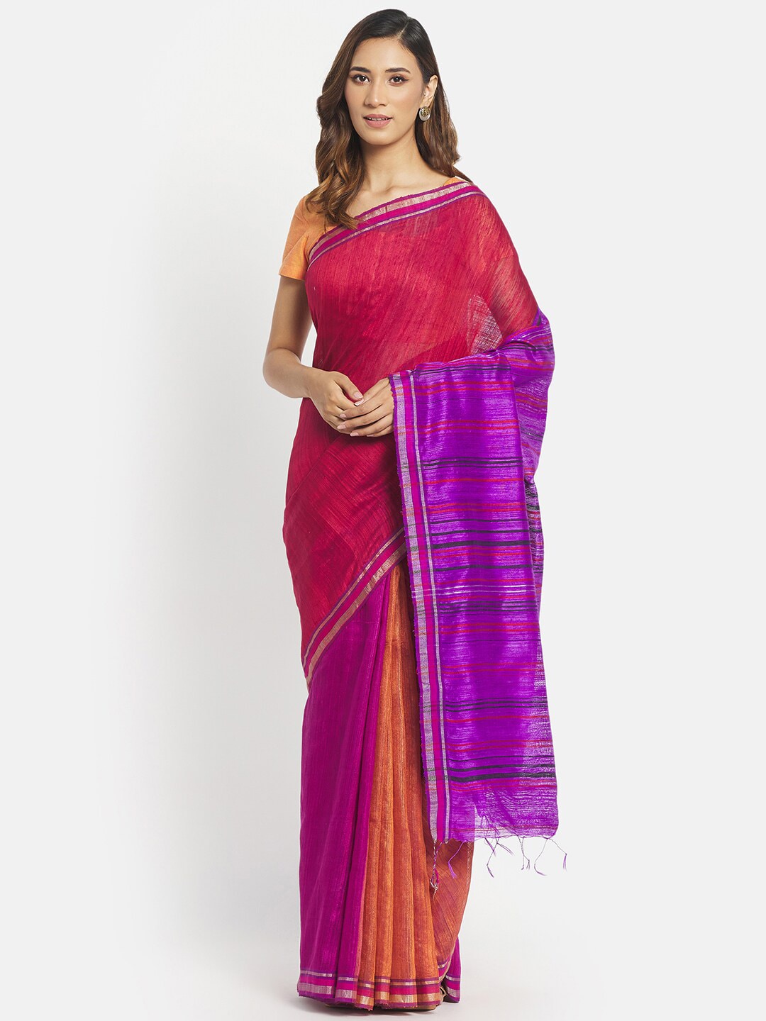 Fabindia Red & Purple Woven Design Zari Pure Silk Saree Price in India