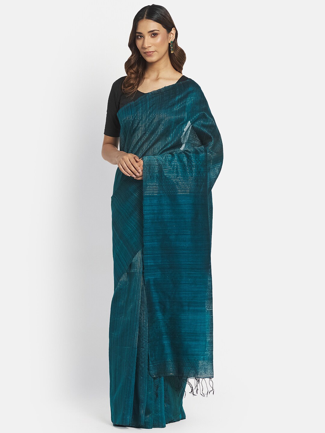 Fabindia Teal Blue Woven Design Pure Silk Saree Price in India