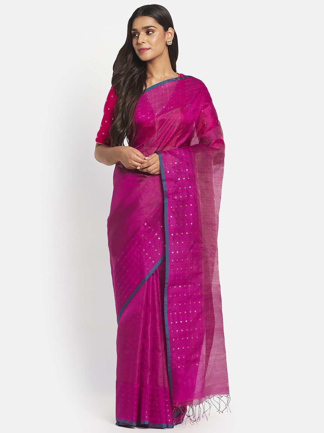Fabindia Magenta & Blue Woven Design Pure Silk Saree Price in India
