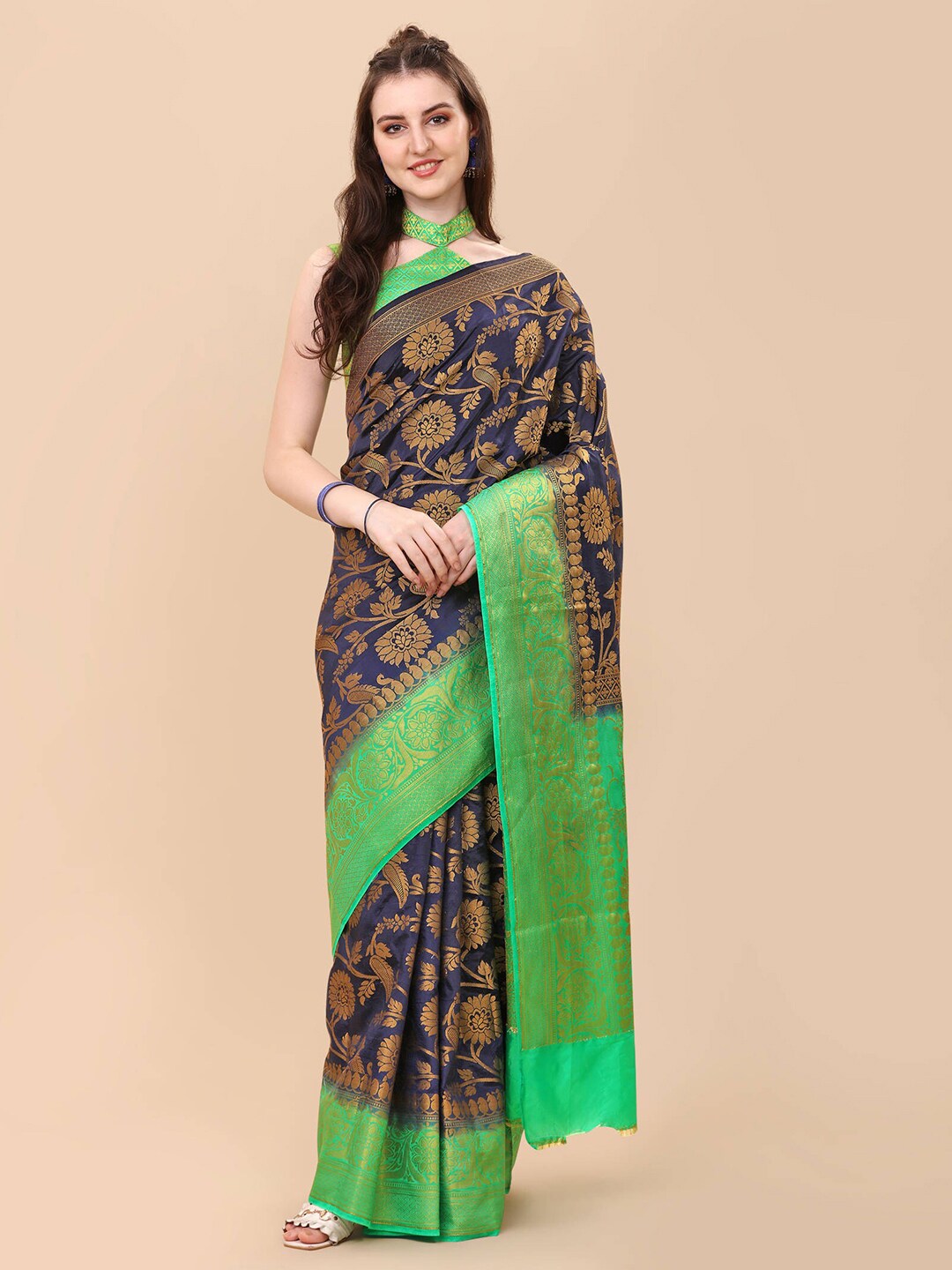 nirja Fab Navy Blue & Green Woven Design Zari Silk Cotton Banarasi Saree Price in India