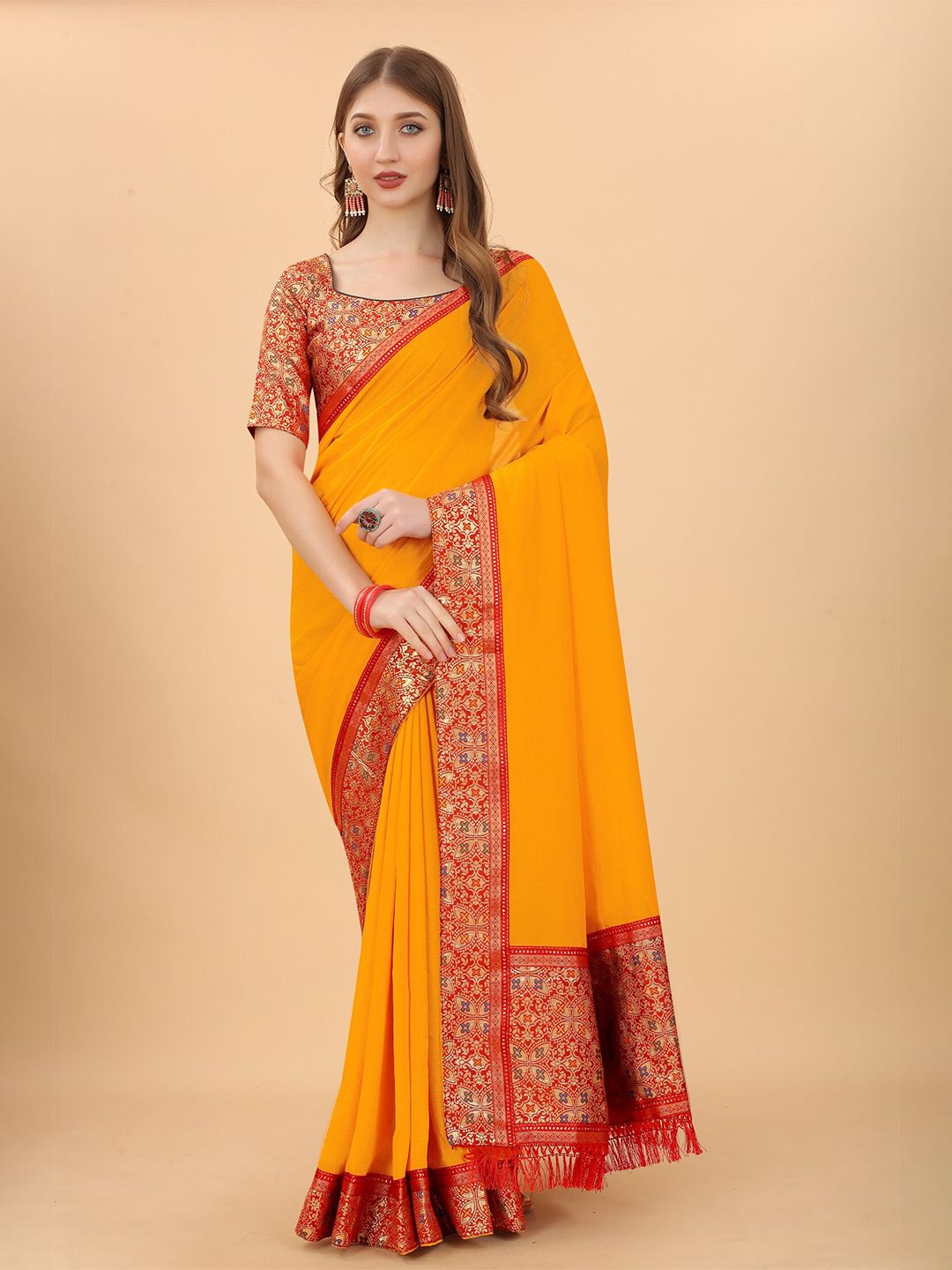 Grubstaker Yellow & Red Zari Pure Silk Saree Price in India