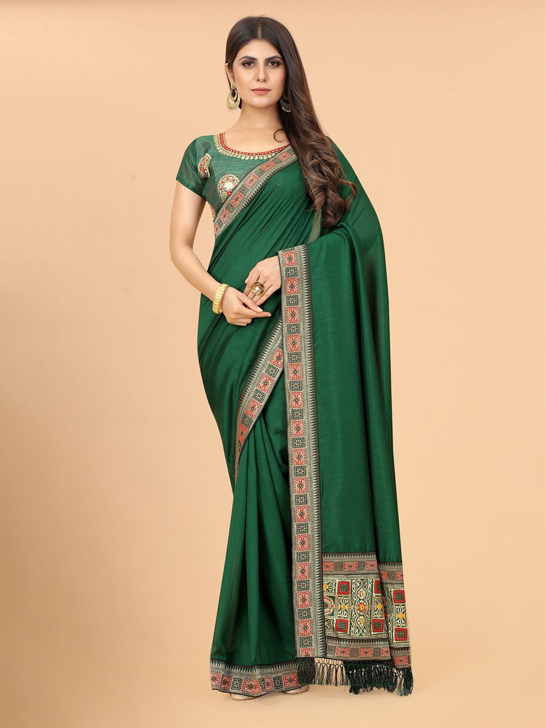 Grubstaker Women Green & Red Pure Silk Saree Price in India