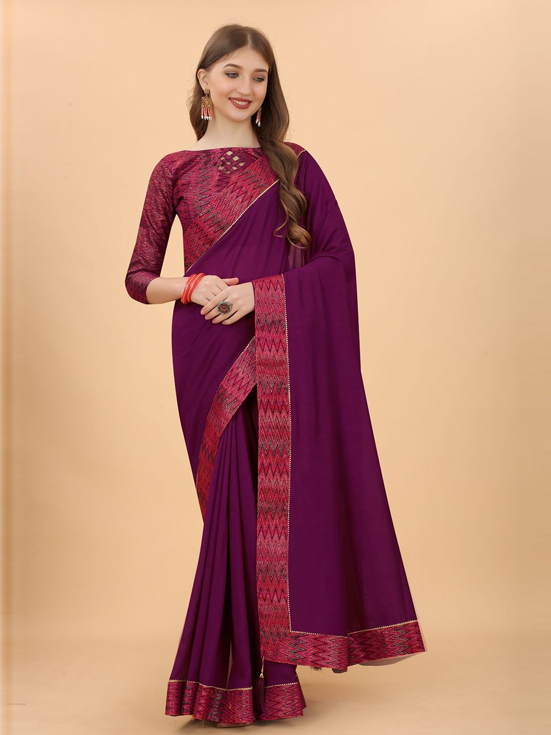 Grubstaker Purple & Pink Zari Pure Silk Saree Price in India