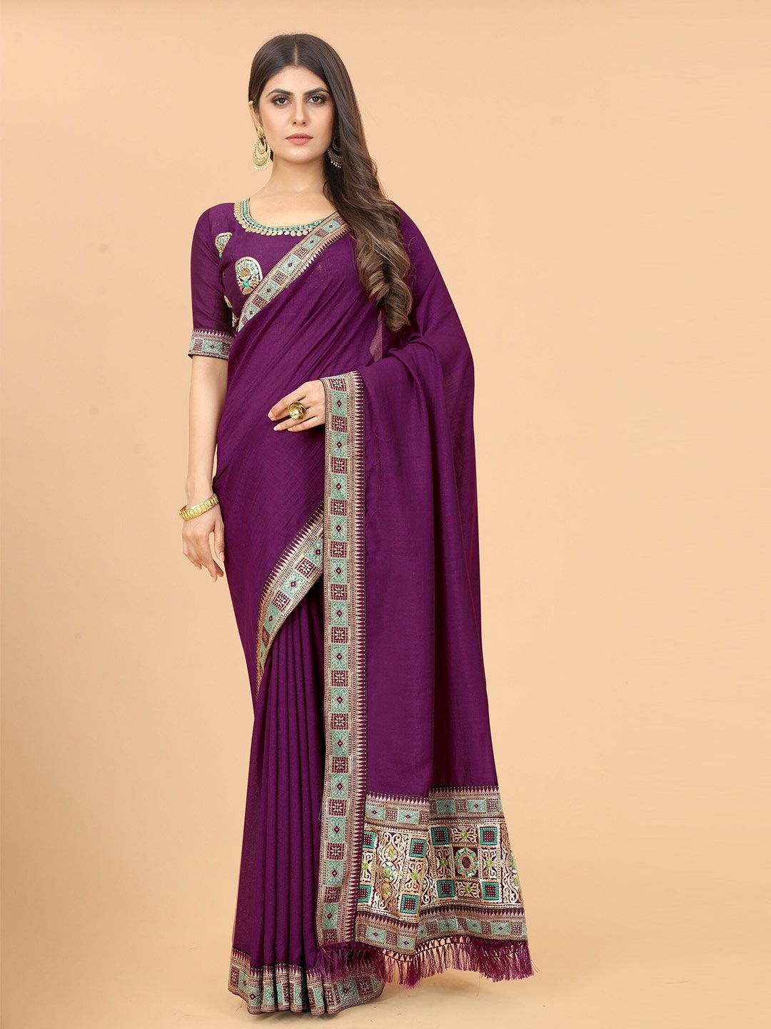 Grubstaker Purple Zari Pure Silk Saree Price in India