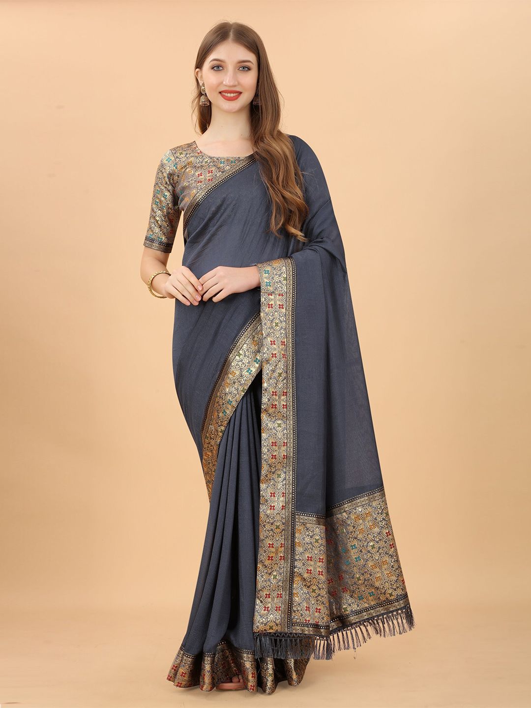 Grubstaker Grey & Gold-Toned Zari Pure Silk Saree Price in India