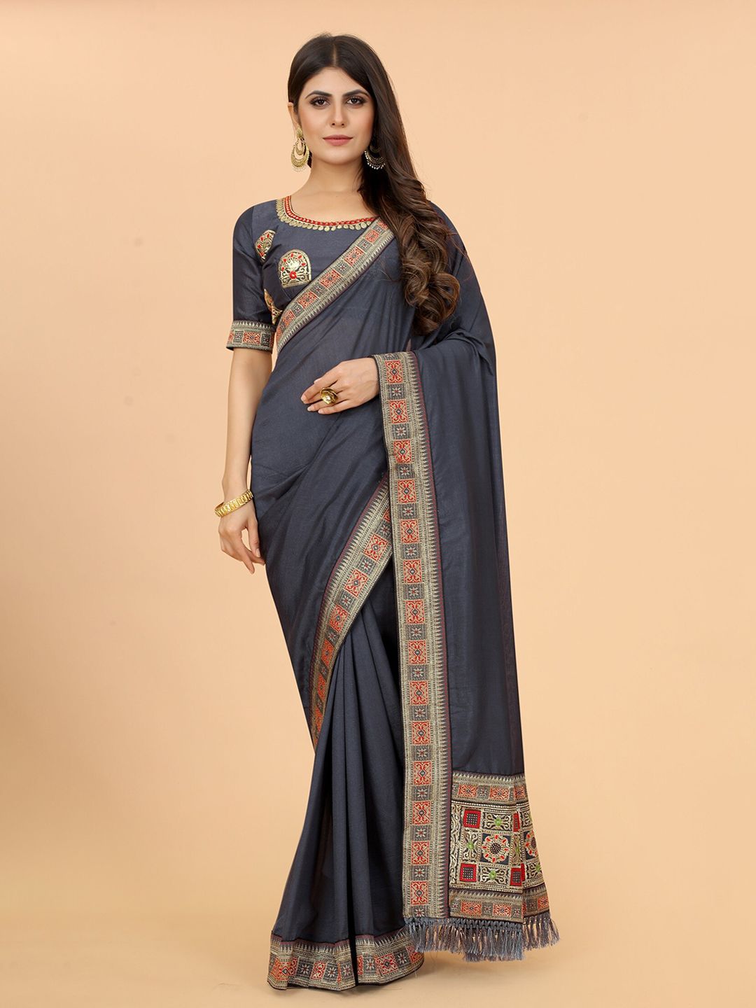 Grubstaker Grey & Red Zari Pure Silk Saree Price in India