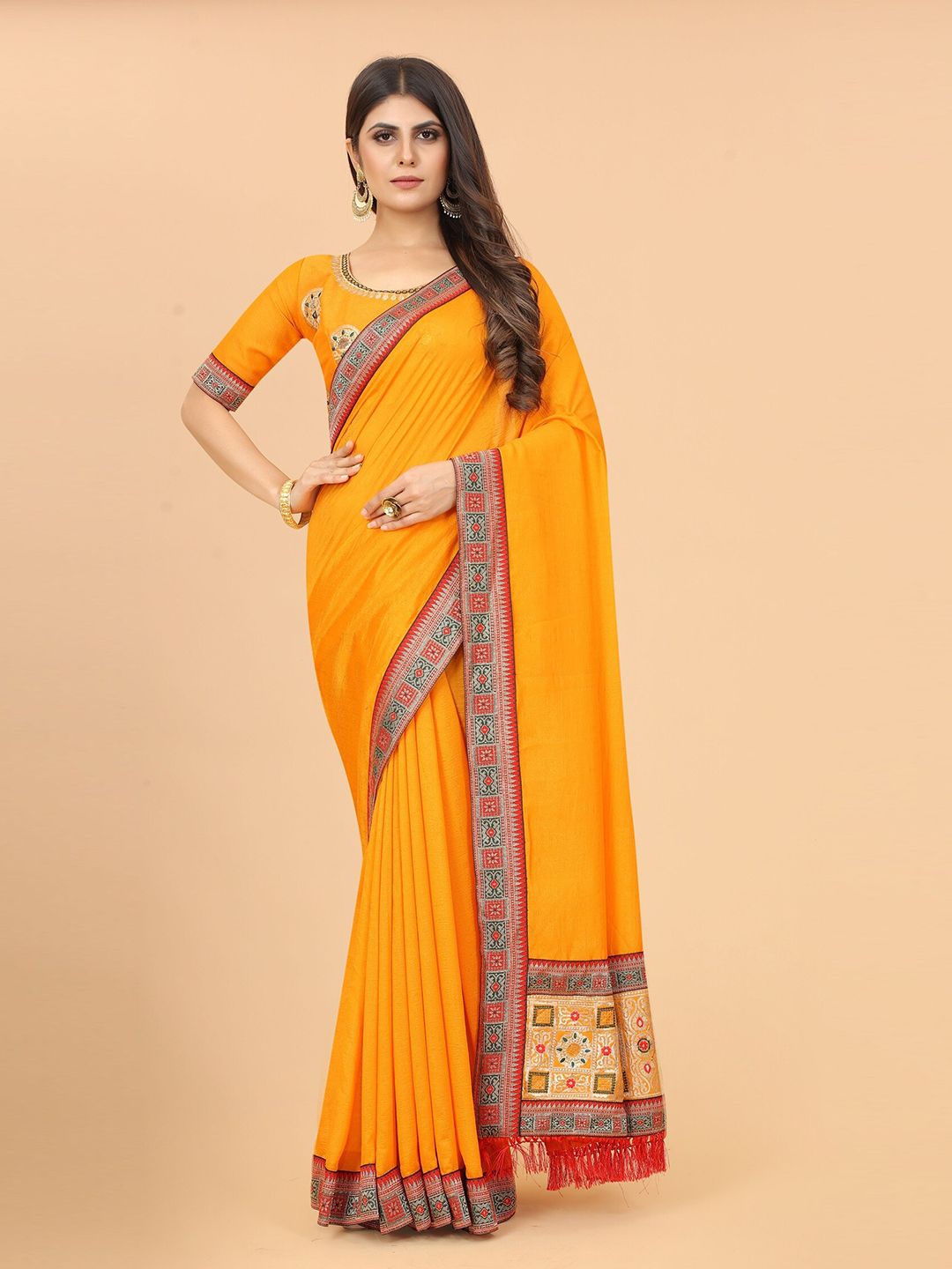 Grubstaker Yellow & Blue Zari Pure Silk Saree Price in India