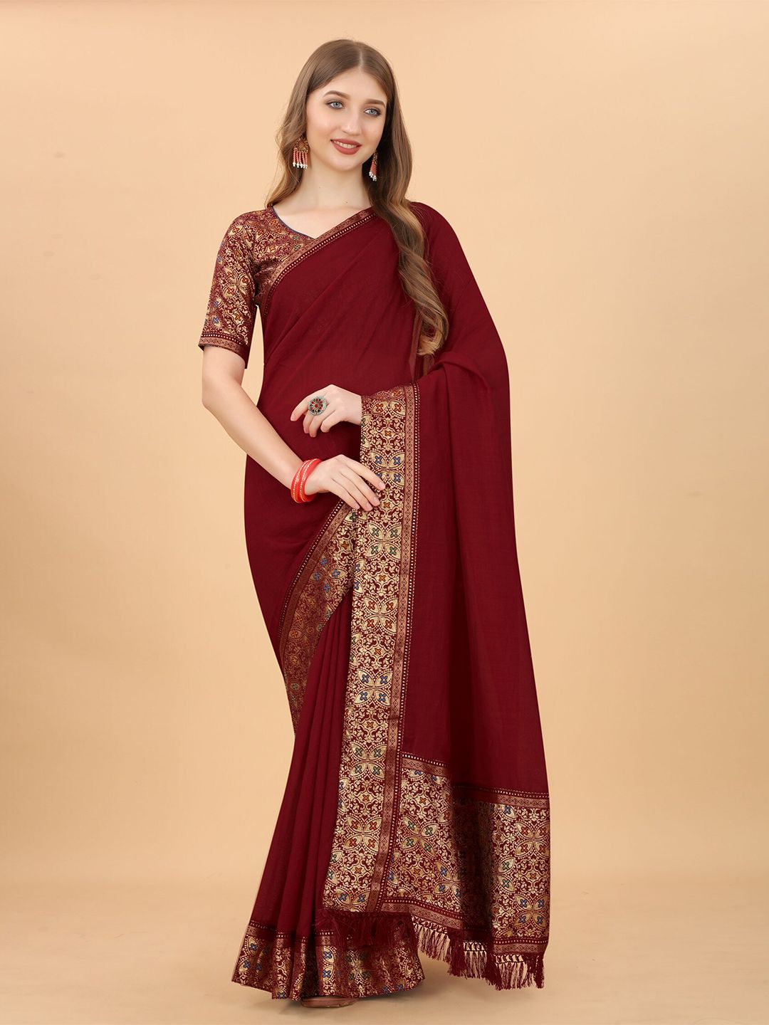 Grubstaker Women Maroon & Gold-Toned Zari Pure Silk Saree Price in India