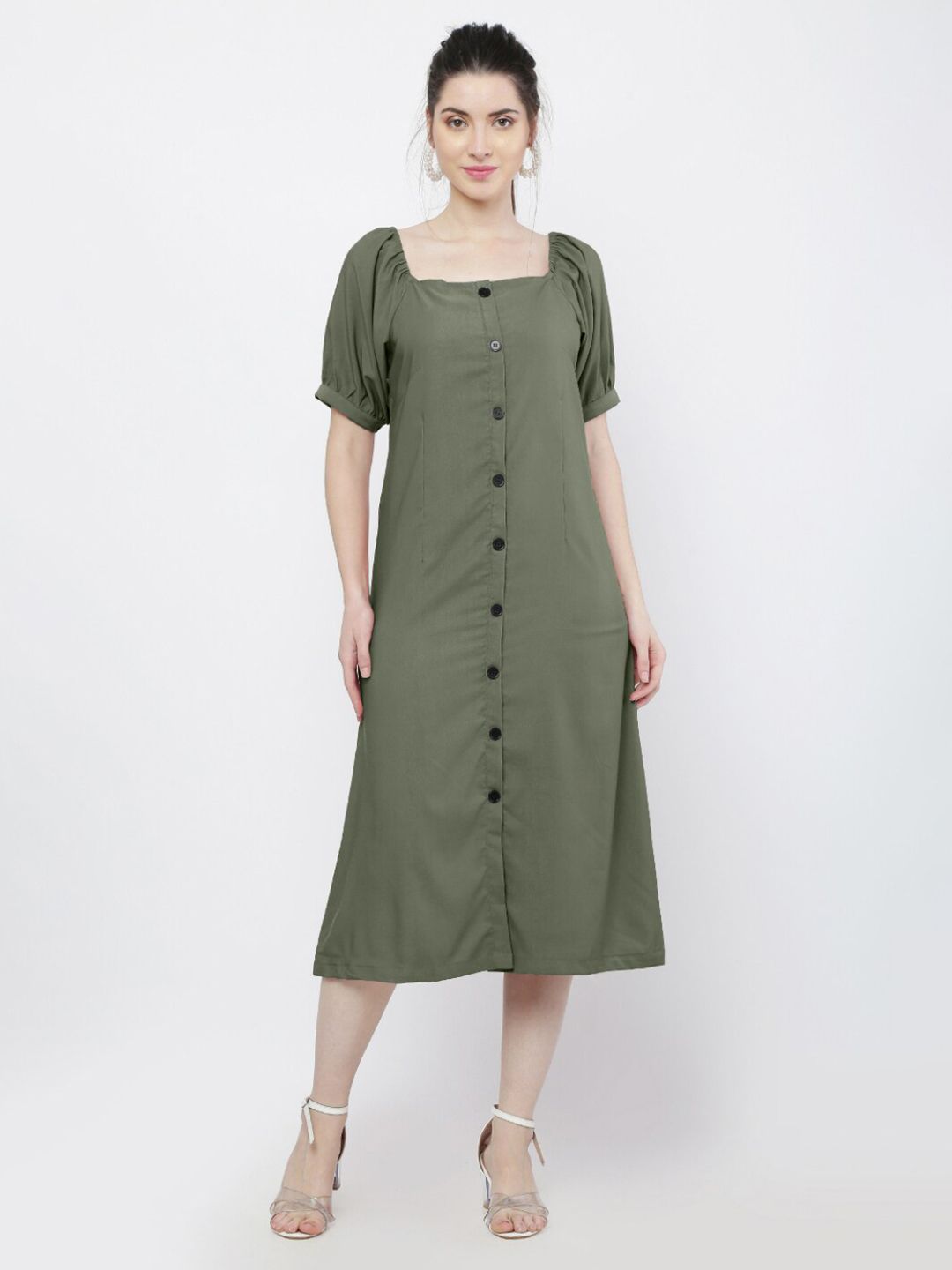 WinEra Olive Green A-Line Midi Dress Price in India