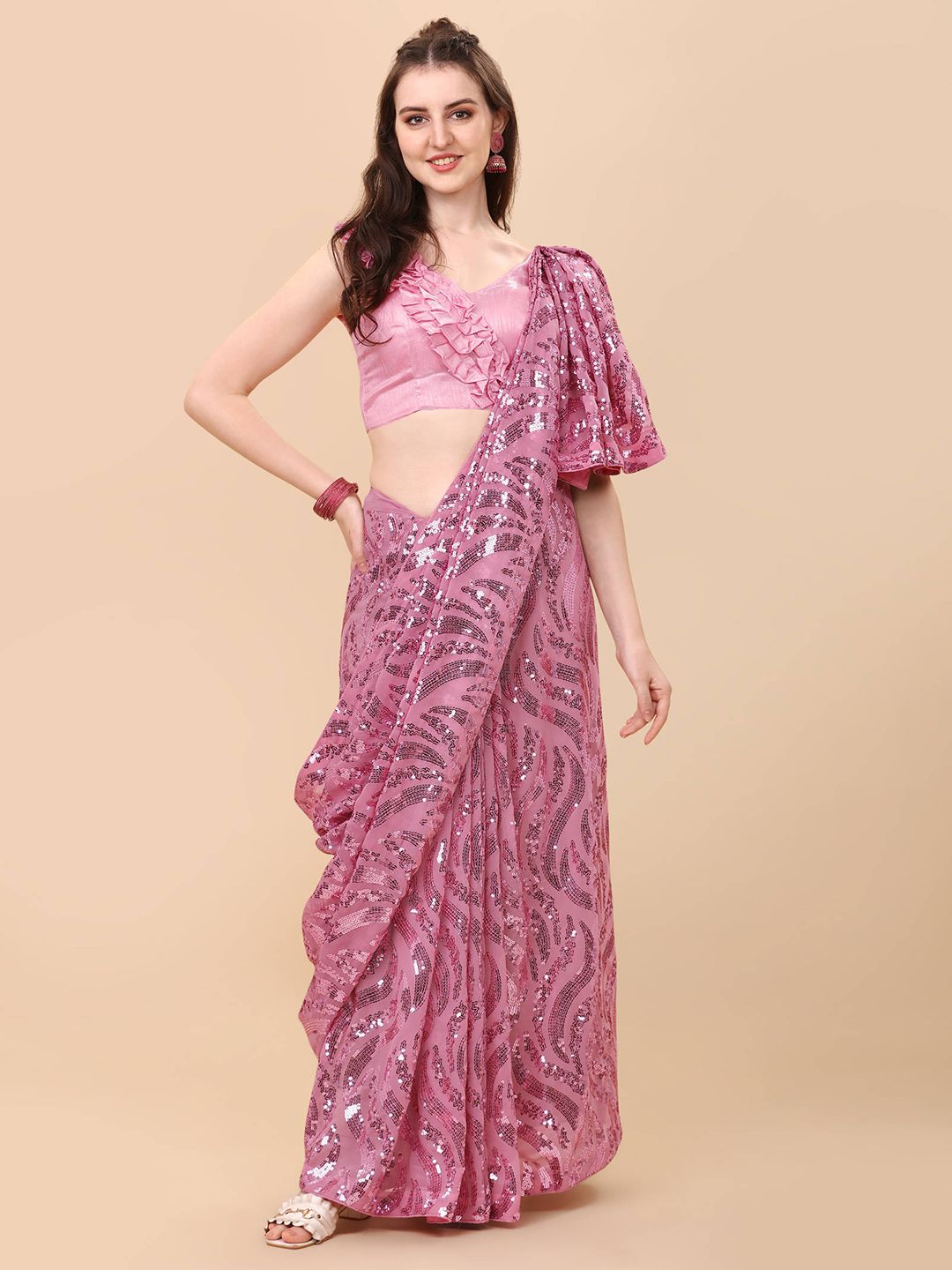 nirja Fab Women Pink Embellished Sequinned Saree Price in India