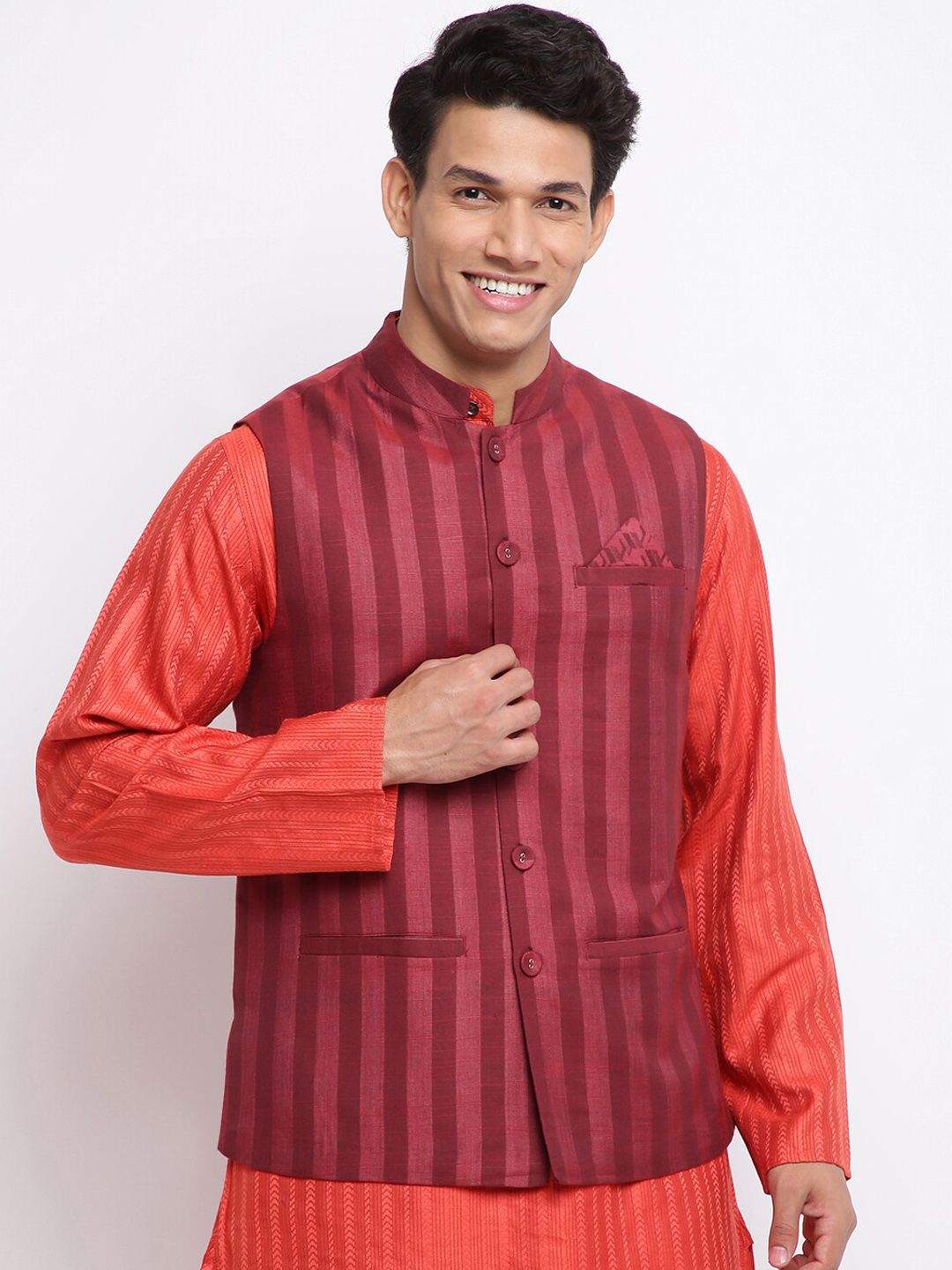 Fabindia Men Maroon Striped Nehru Jacket