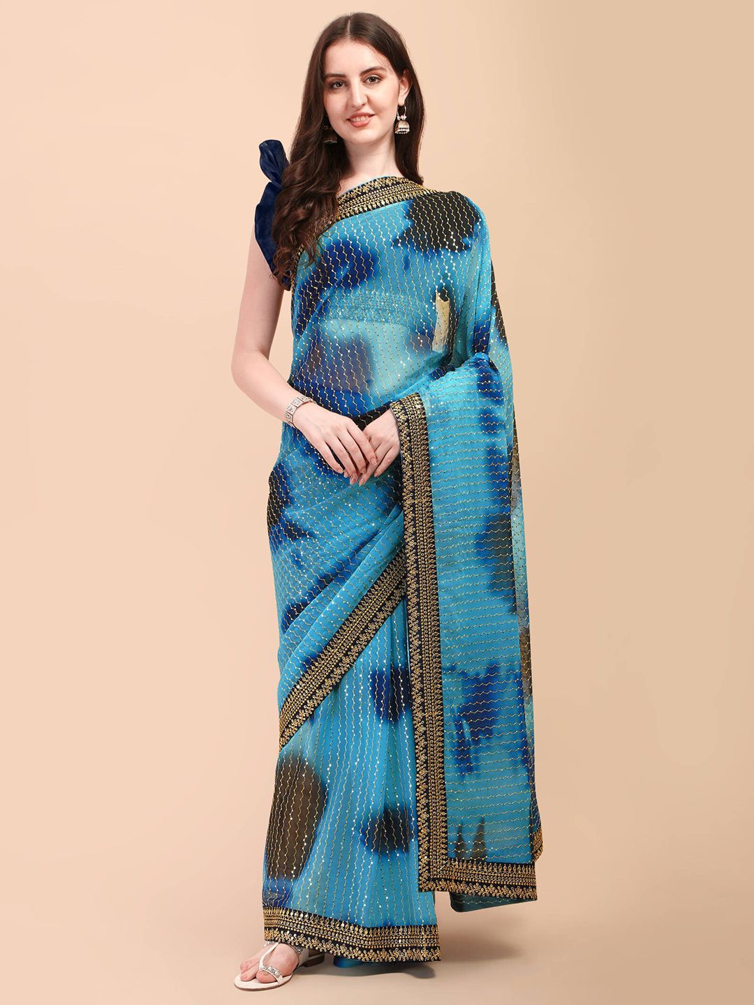 nirja Fab Blue & Gold-Toned Embellished Sequinned Saree Price in India