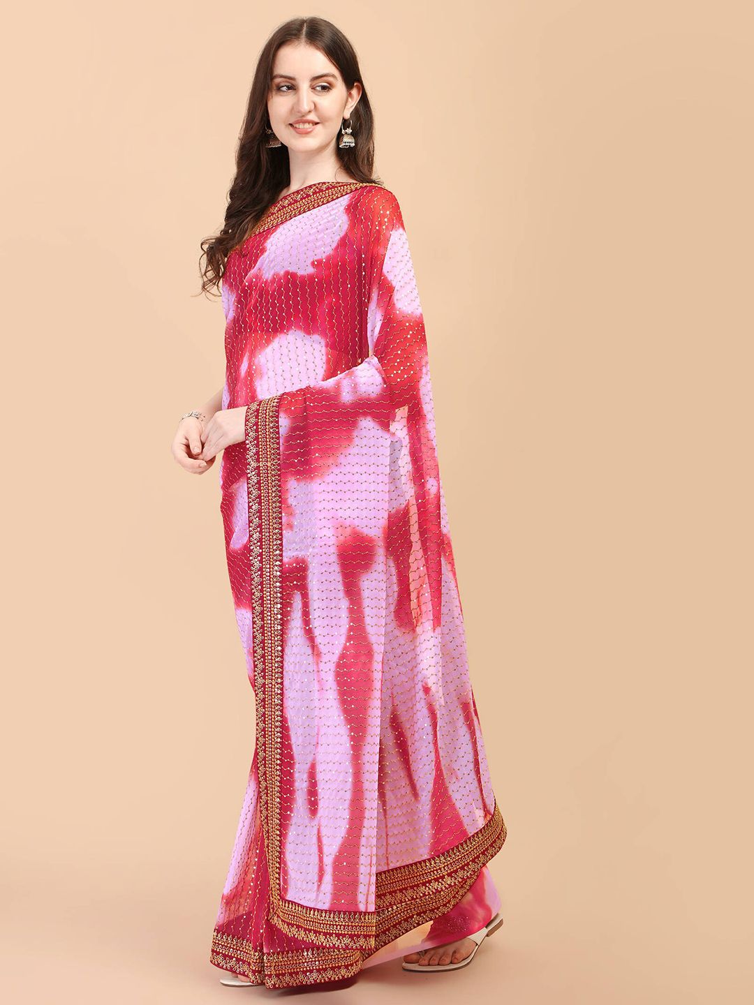 nirja Fab Pink & White Embellished Sequinned Saree Price in India