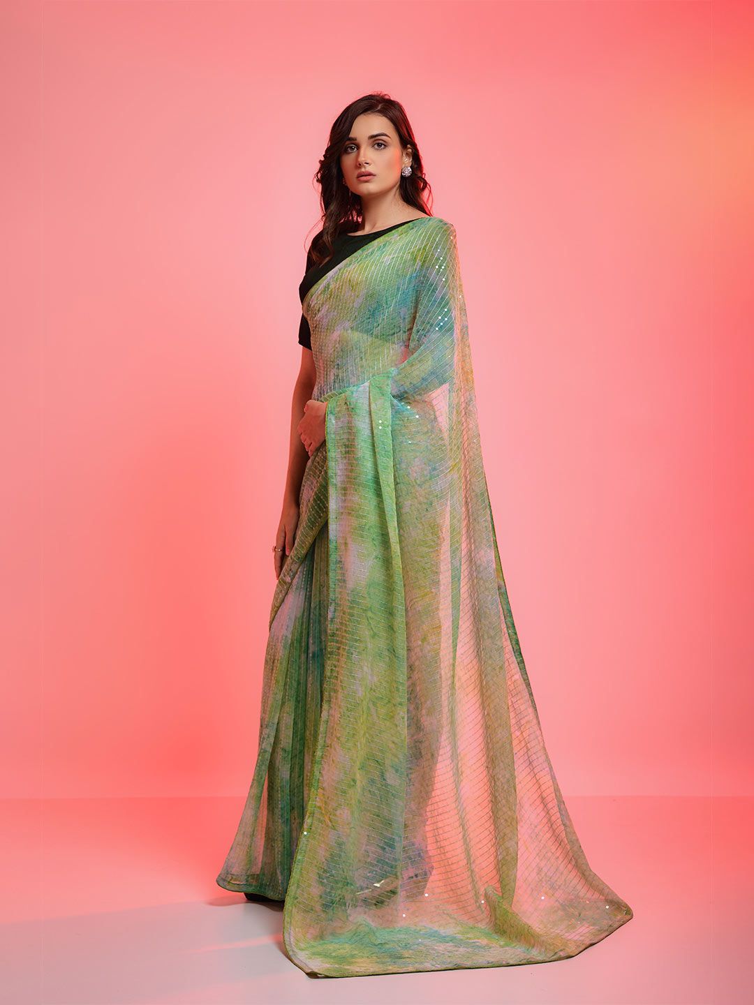 all about you Green & Blue Tie and Dye Sequinned Poly Chiffon Saree Price in India