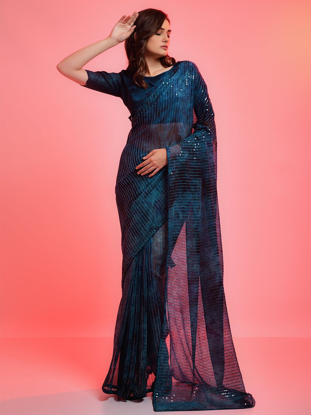 all about you Blue Embellished Sequinned Saree Price in India