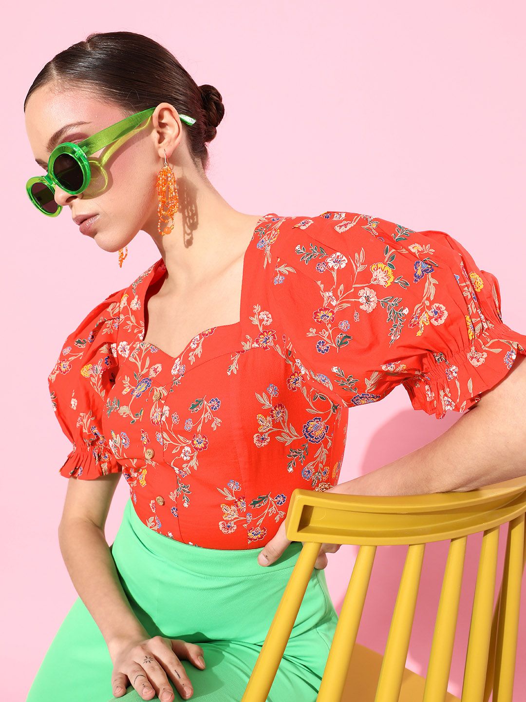 Style Quotient Orange Floral Once Upon a Sleeve Top Price in India