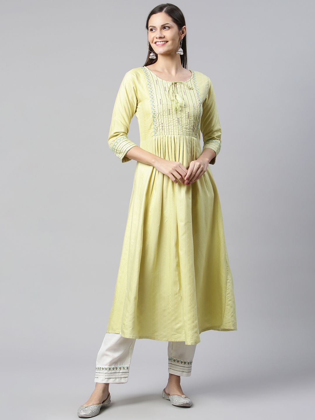 SheWill Women Lime Green Embroidered Pleated Sequinned Kurta with Trousers Price in India