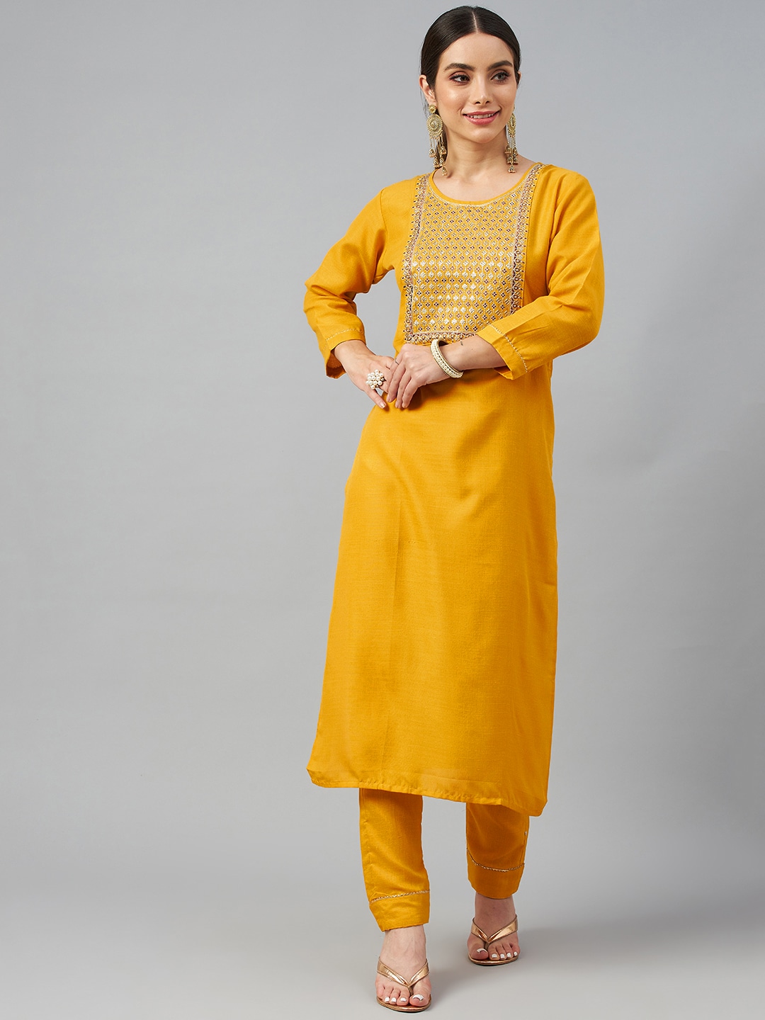 SheWill Women Mustard Yellow Embroidered Sequinned Kurta with Trousers Price in India