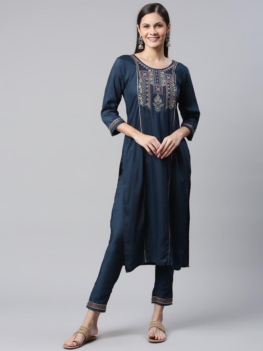 SheWill Women Navy Blue Ethnic Motifs Embroidered Sequinned Kurta with Trousers Price in India
