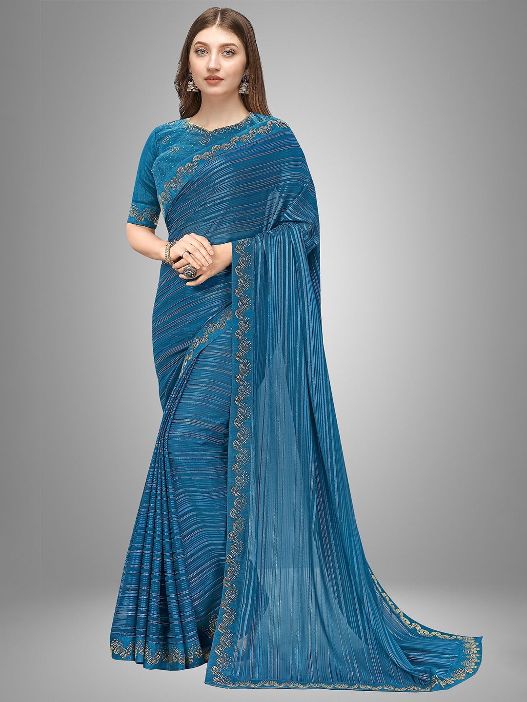 Trendmalls Blue & Gold-Toned Embellished Beads and Stones Pure Silk Saree Price in India