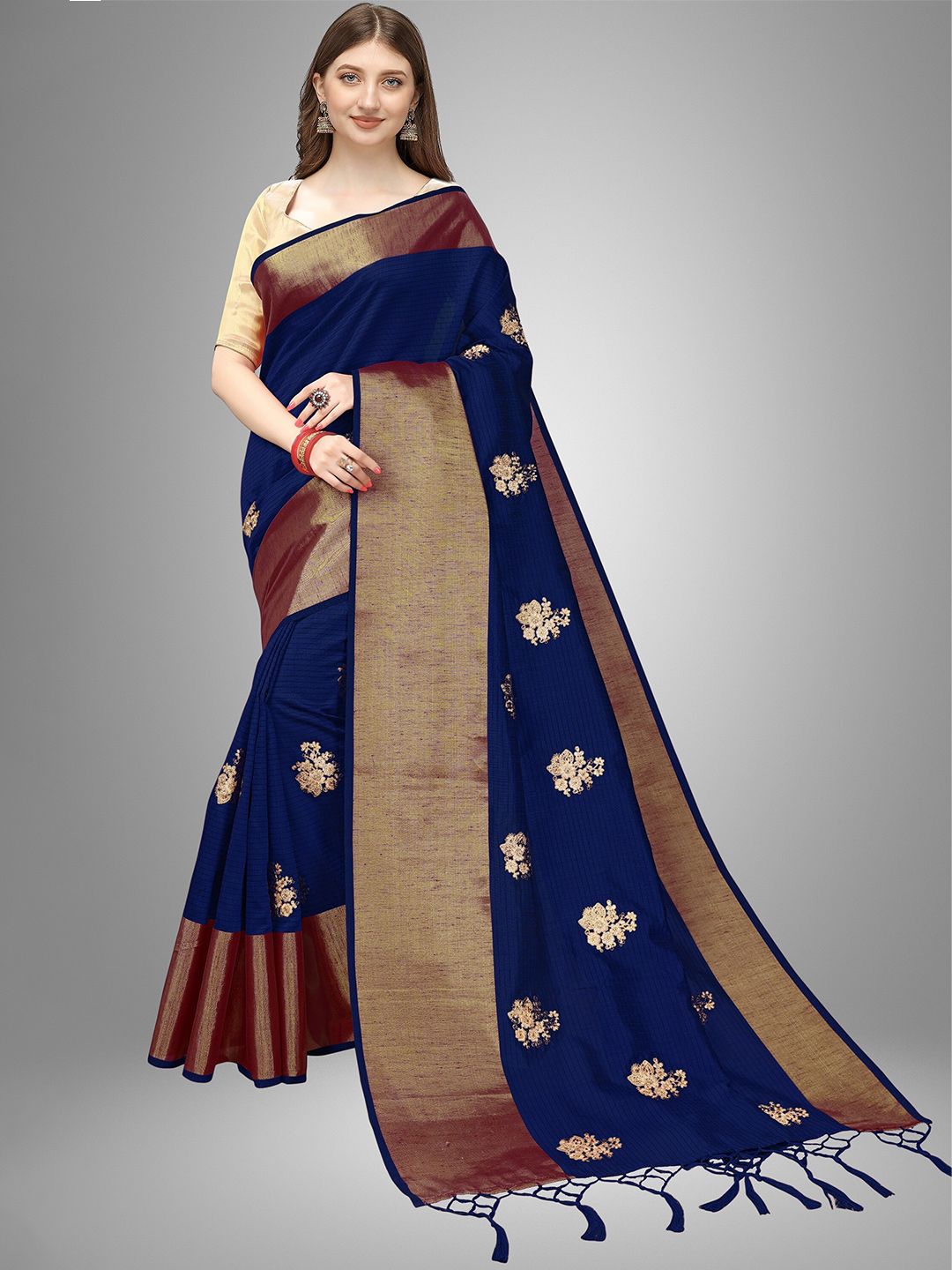 Trendmalls Blue & Purple Floral Embroidered Pure Silk Saree Price in India