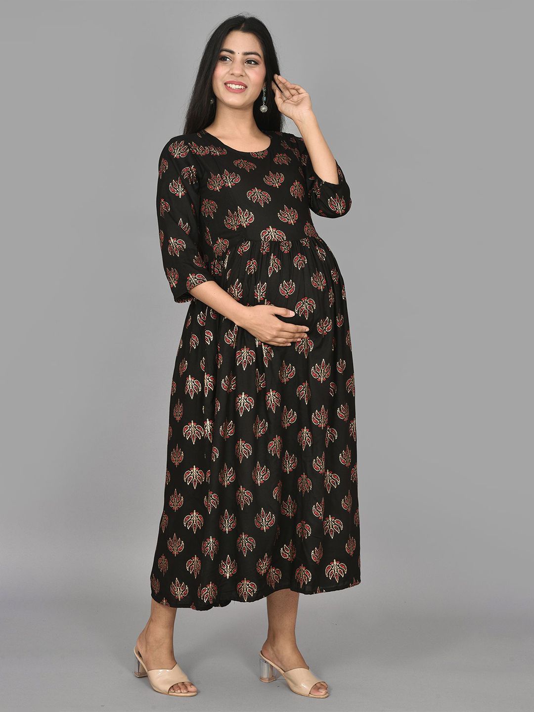KALINI Women Black Ethnic Motifs Maternity A-Line Midi Dress