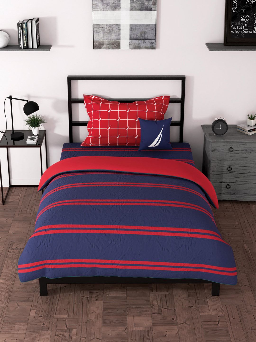 Nautica Blue & Red Striped AC Room 120 GSM Single Bed Comforter Price in India