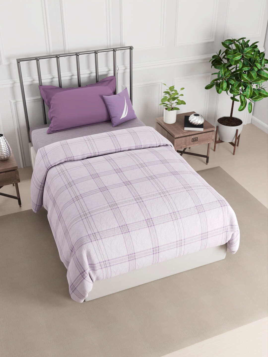 Nautica Purple & White Checked AC Room 150 GSM Single Bed Comforter Price in India