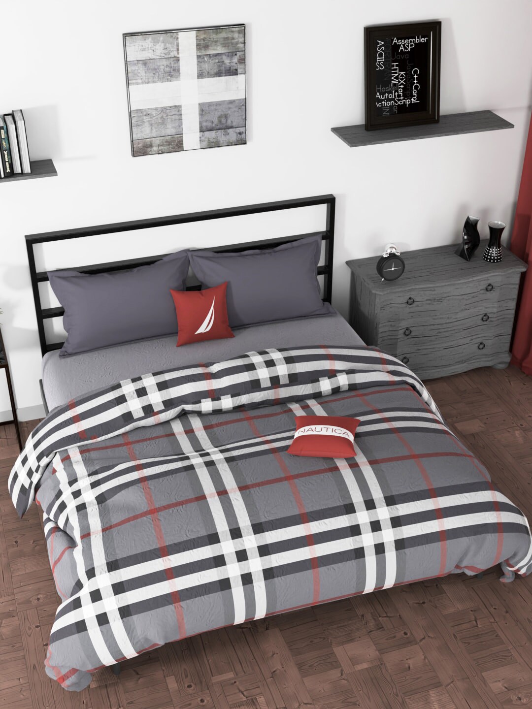 Nautica Grey & Red Checked AC Room 120 GSM Double Bed Comforter Price in India