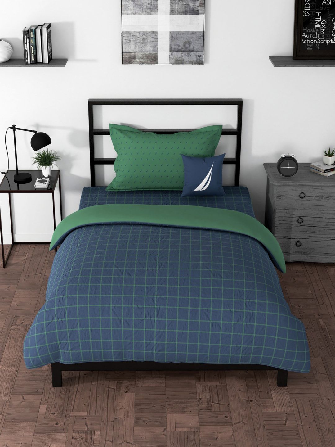 Nautica Blue & Green Checked AC Room 120 GSM Premium Cotton Single Bed Comforter Price in India
