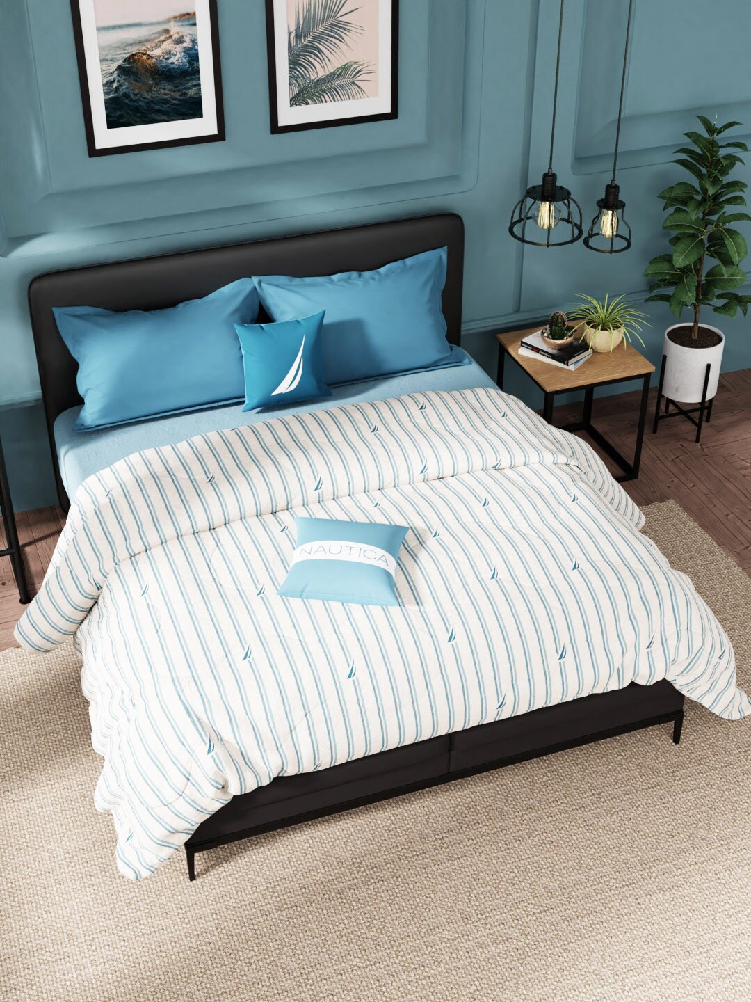 Nautica White & Blue Striped AC Room 120 GSM Double Bed Comforter Price in India