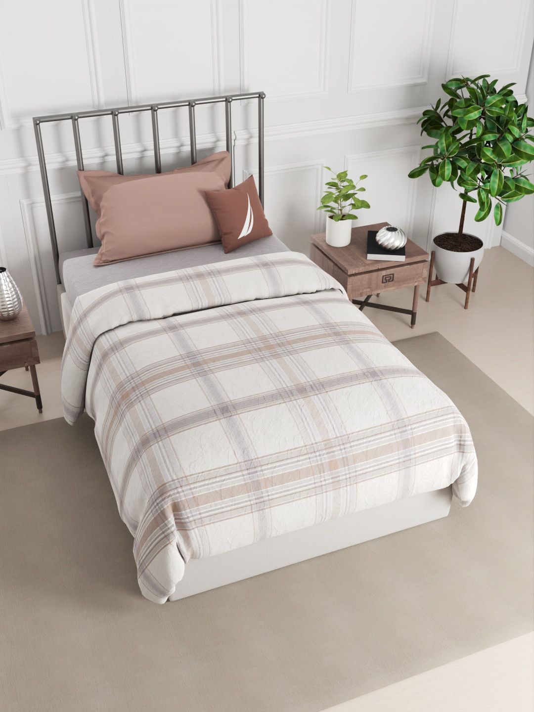Nautica Beige Checked AC Room 150 GSM 100% Egyptian Satin Cotton Single Bed Comforter Price in India