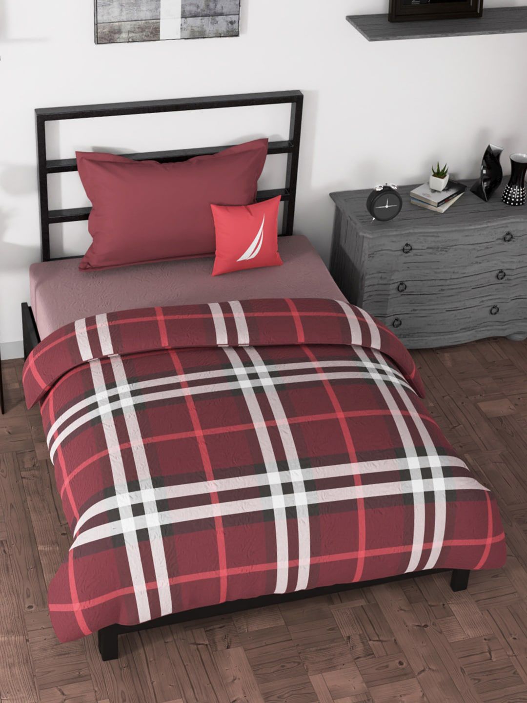 Nautica Red & White Checked AC Room 120 GSM Single Bed Comforter Price in India