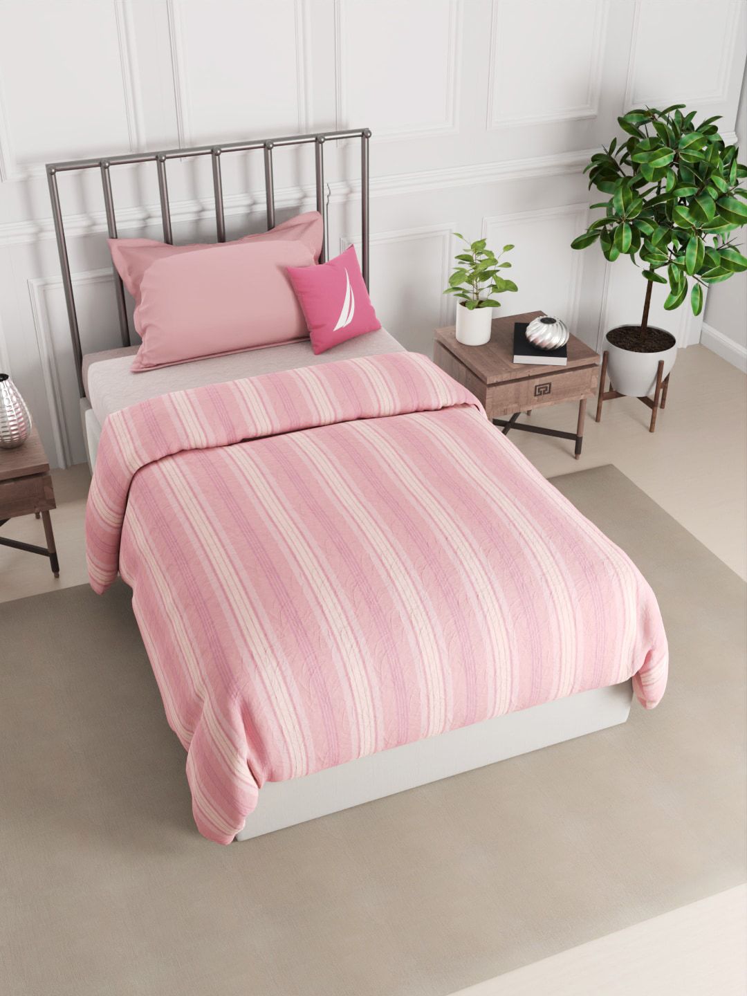 Nautica White & Pink Striped AC Room 150 GSM Single Bed Comforter Price in India