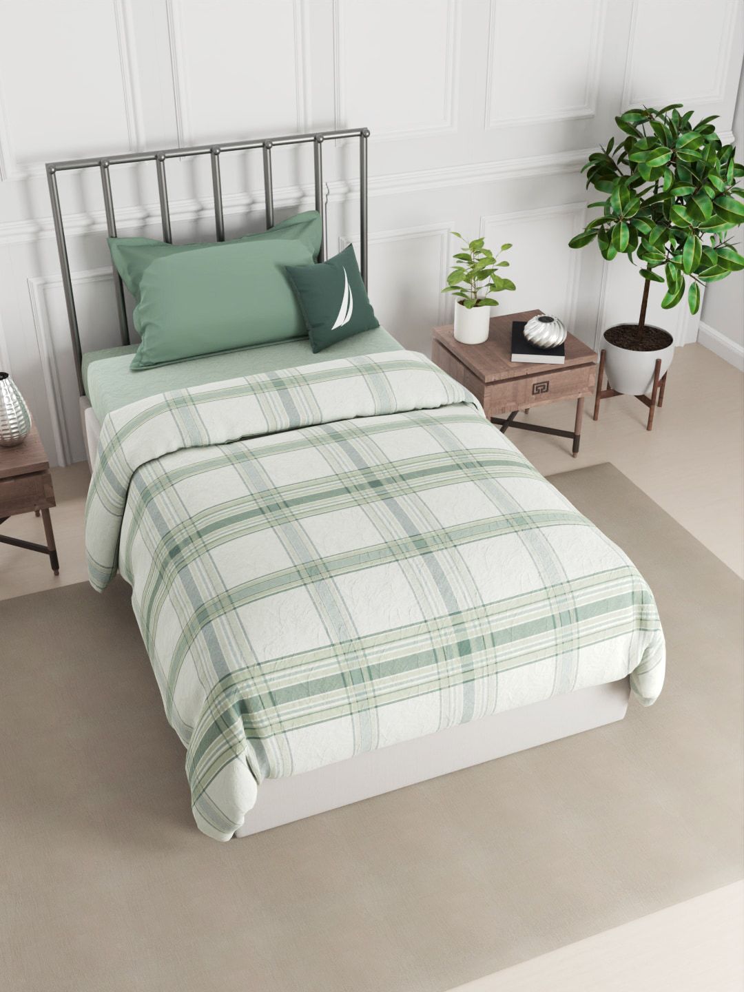 Nautica Green & White Checked AC Room 150 GSM Single Bed Comforter Price in India