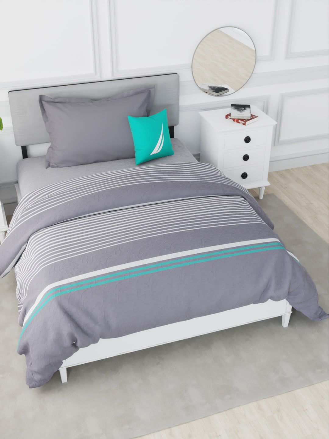 Nautica Grey & Blue Striped AC Room 150 GSM Single Bed Comforter Price in India