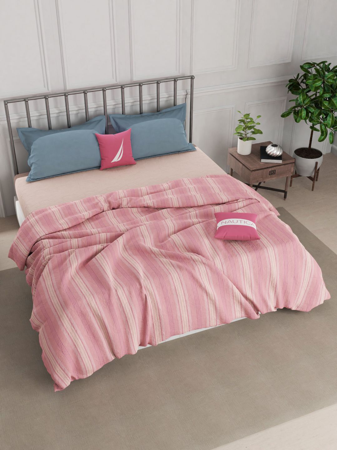 Nautica Peach-Coloured & Cream-Coloured Striped AC Room 150 GSM Double Bed Comforter Price in India