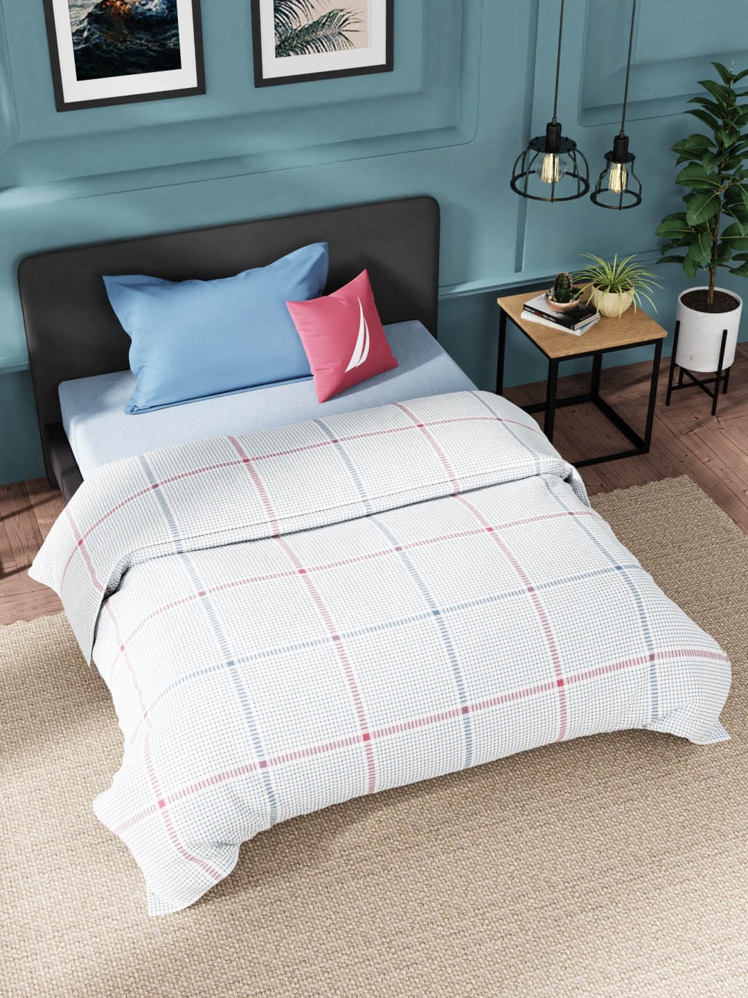 Nautica Blue & Red Checked AC Room 100% Cotton 120 GSM Single Bed Comforter Price in India