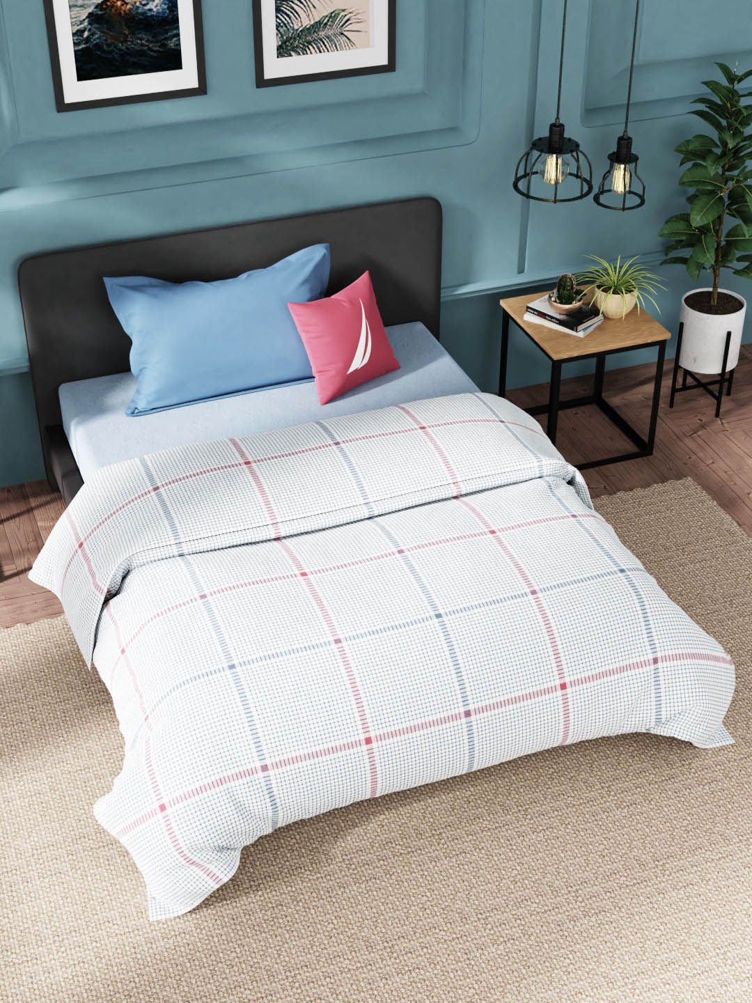 Nautica Blue & Red Checked AC Room 100% Cotton 120 GSM Single Bed Comforter Price in India