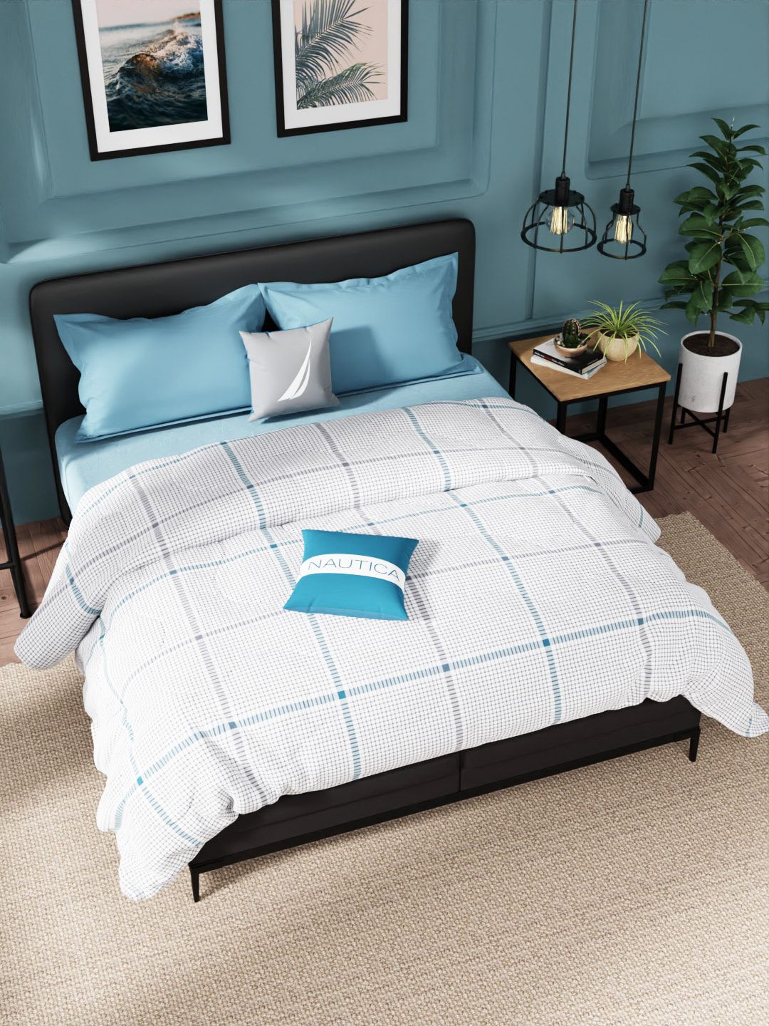 Nautica Grey & Blue Checked AC Room 120 GSM Double Bed Pure Cotton Comforter Price in India