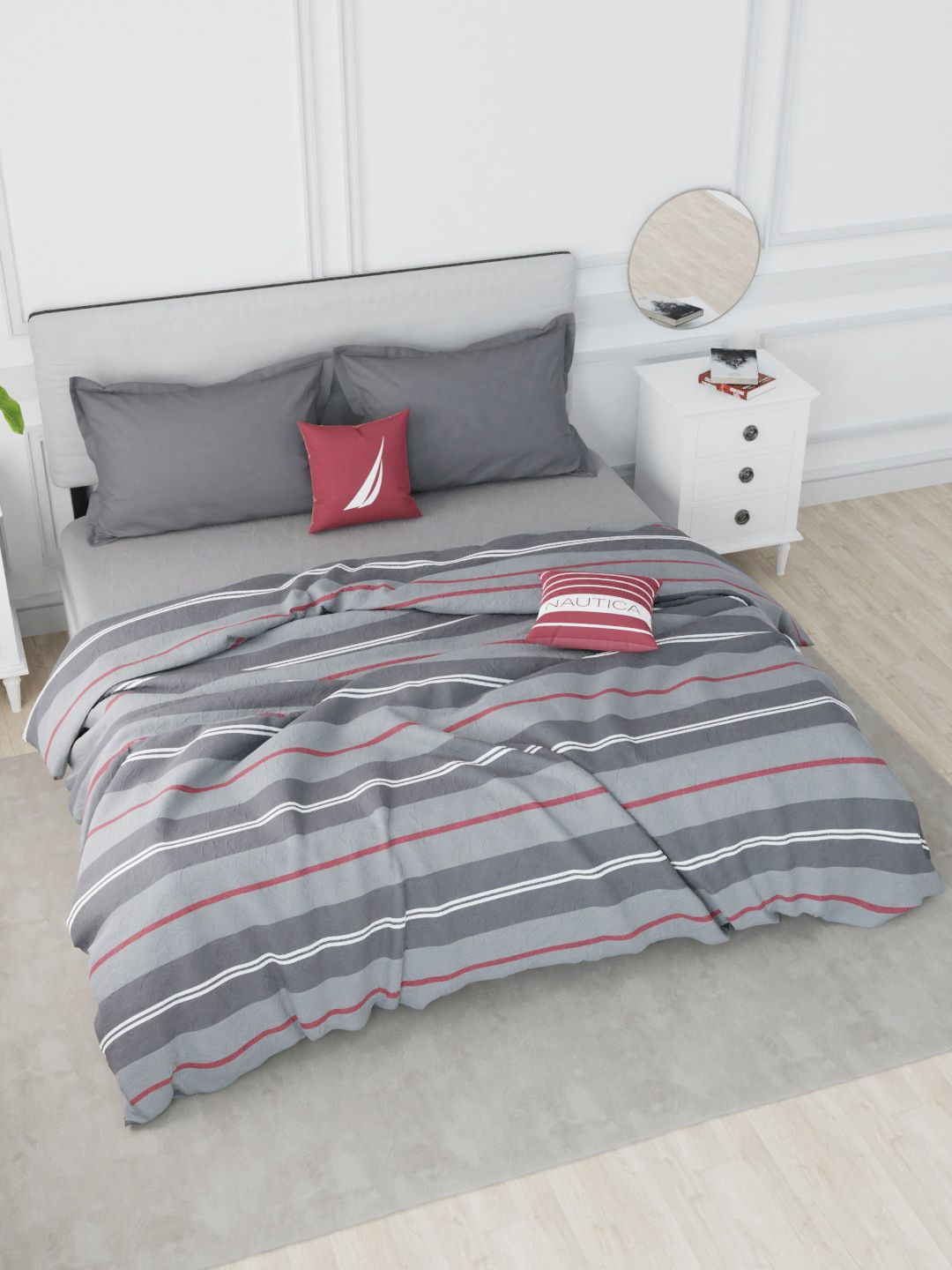 Nautica Grey & Red Striped AC Room 150 GSM Double Bed Comforter Price in India