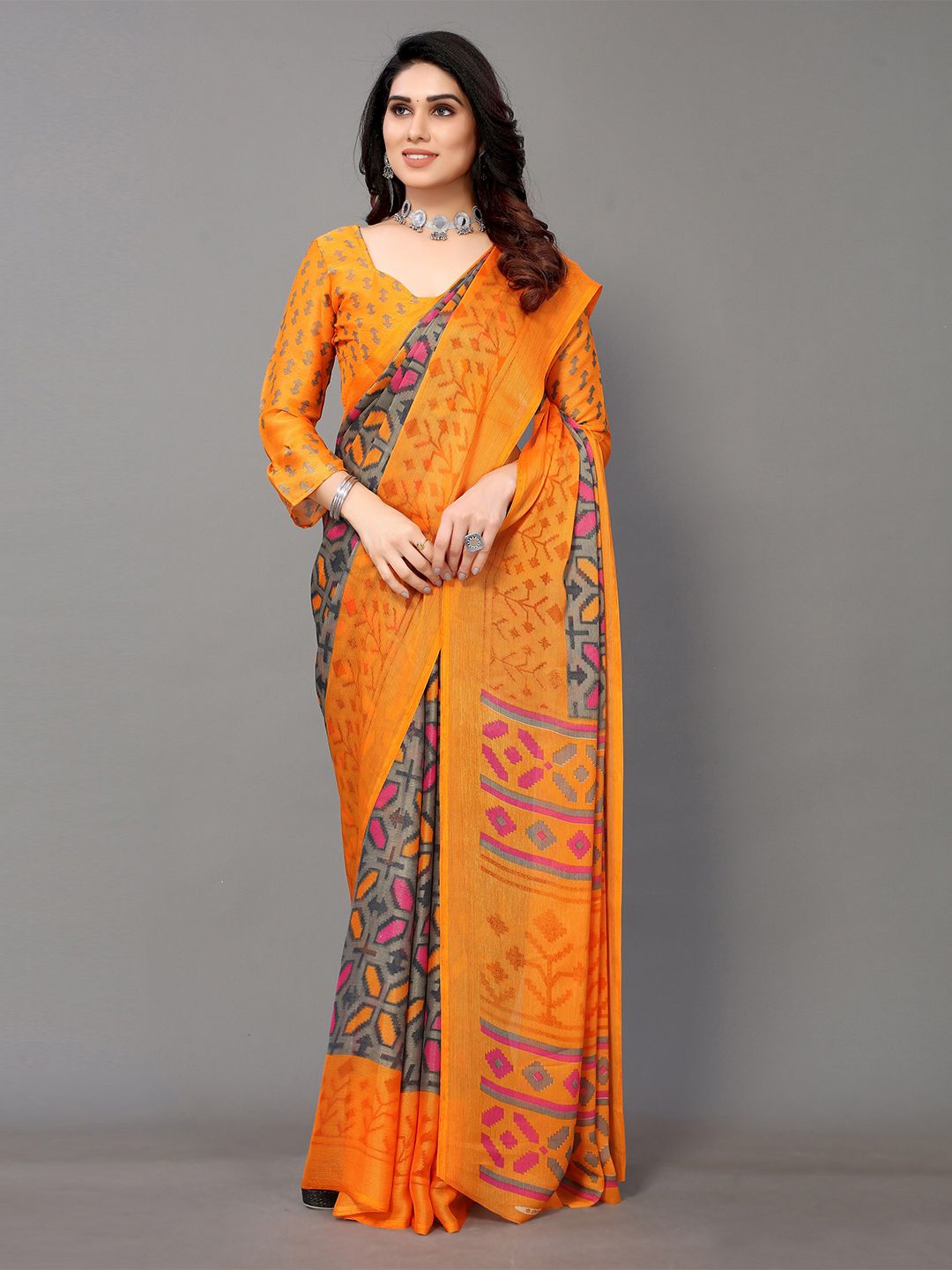 Winza Designer Women Grey & Orange Pure Cotton Mangalagiri Saree Price in India