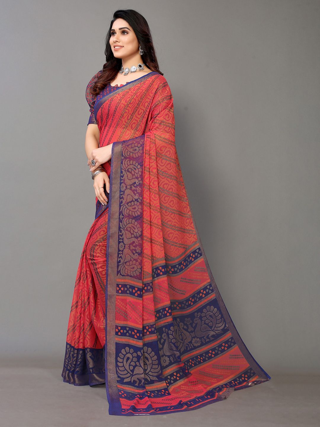 Winza Women Designer Red & Purple Floral Pure Chiffon Fusion Bandhani Saree Price in India