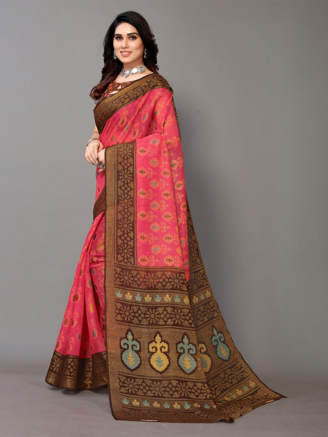 Winza Designer Red & Grey Paisley Zari Pure Cotton Kota Saree Price in India