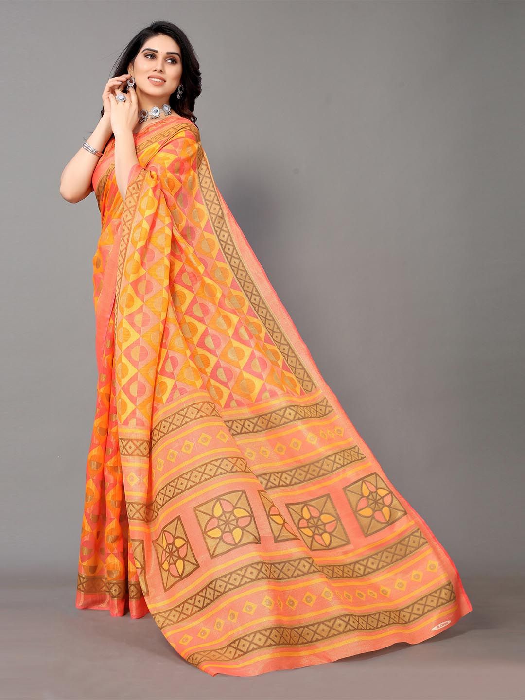 Winza Designer Orange & Green Zari Pure Cotton Fusion Arani Saree Price in India