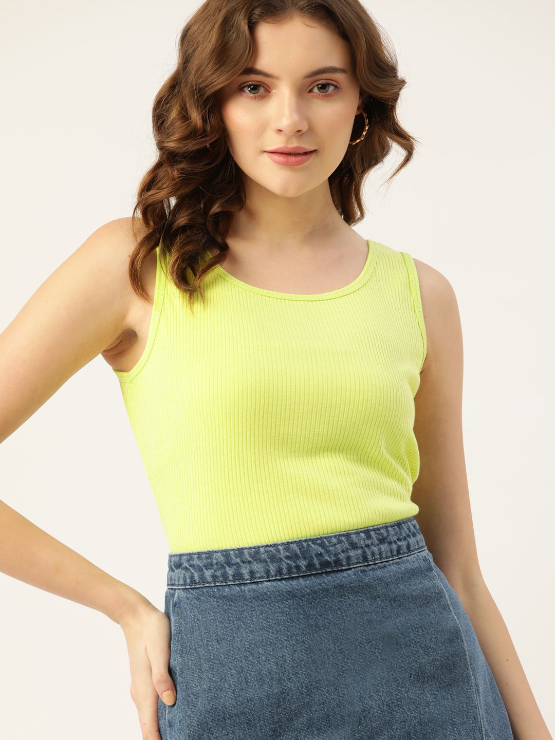 DressBerry Neon Green Ribbed Pure Cotton Tank Top Price in India
